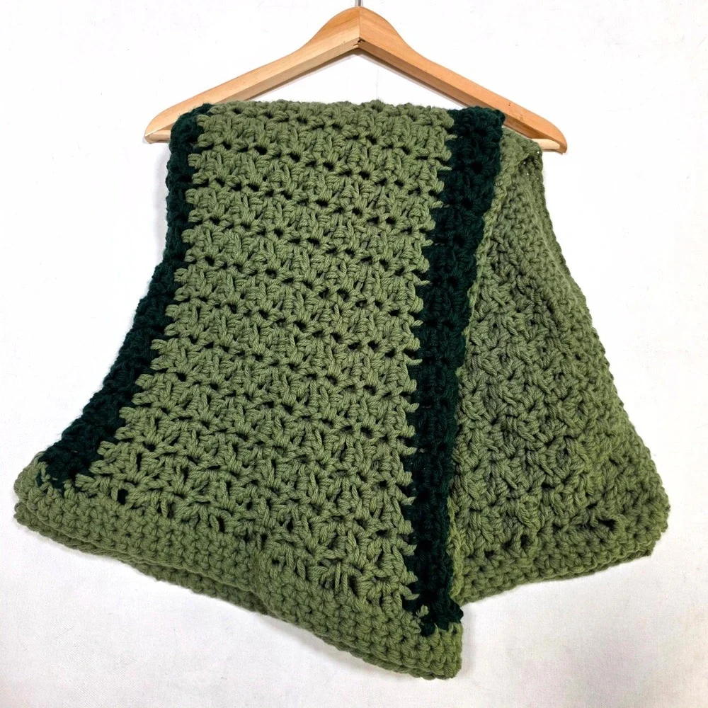 Crochet Blanket Green Striped Hand Knit Afghan 55 x 35 Boho Throw Cozy Rustic